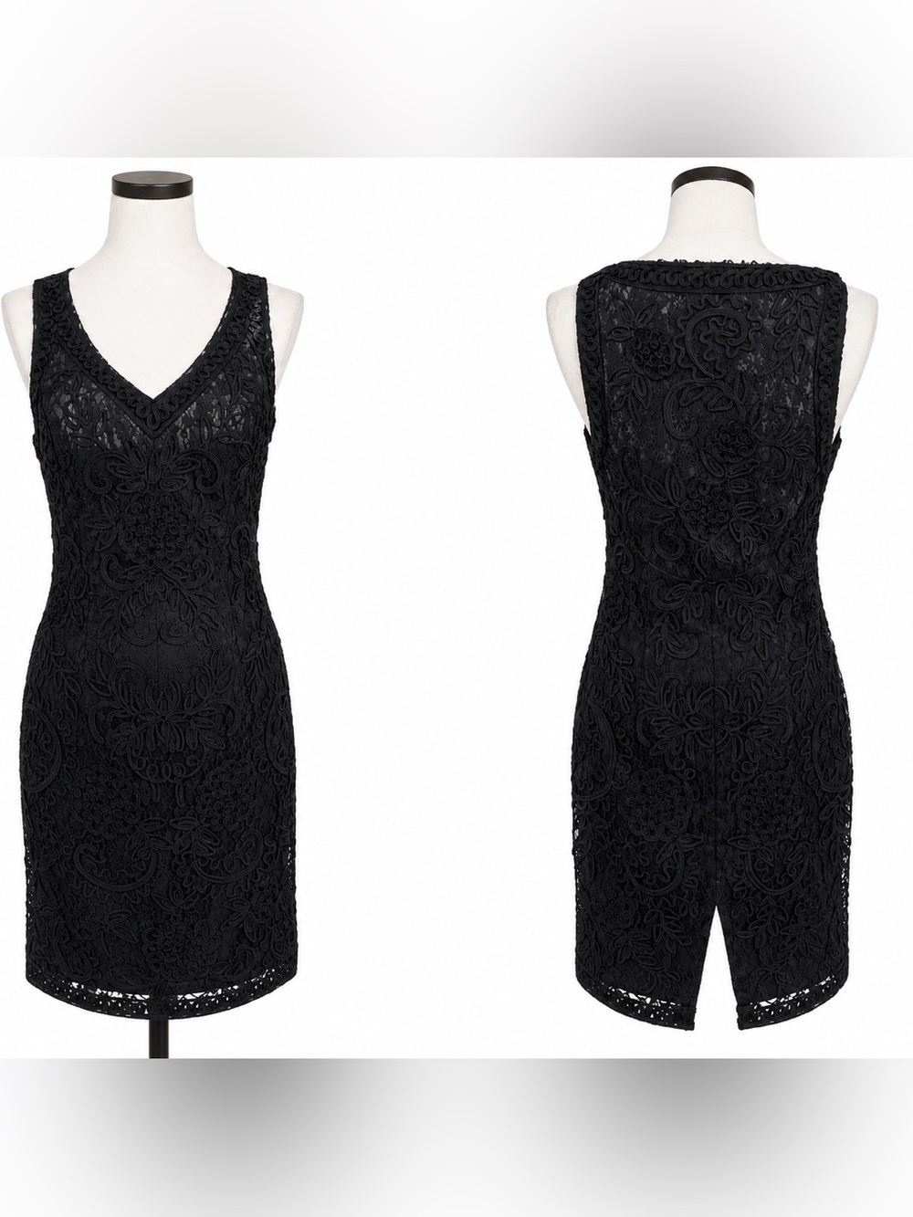 Vintage Sue Wong Black Lace Embroidered Cocktail Dress Sheath sz10 v neck